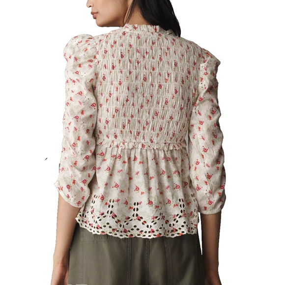 Anthropologie Womens Top Small Smocked Ruched Puff Sleeve Feminine Floral Lace - Picture 7 of 12